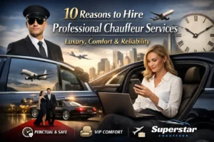 Professional chauffeur service featuring luxury car, uniformed driver, businesswoman working in backseat, airport transfer and VIP travel experience with Superstar Chauffeur branding