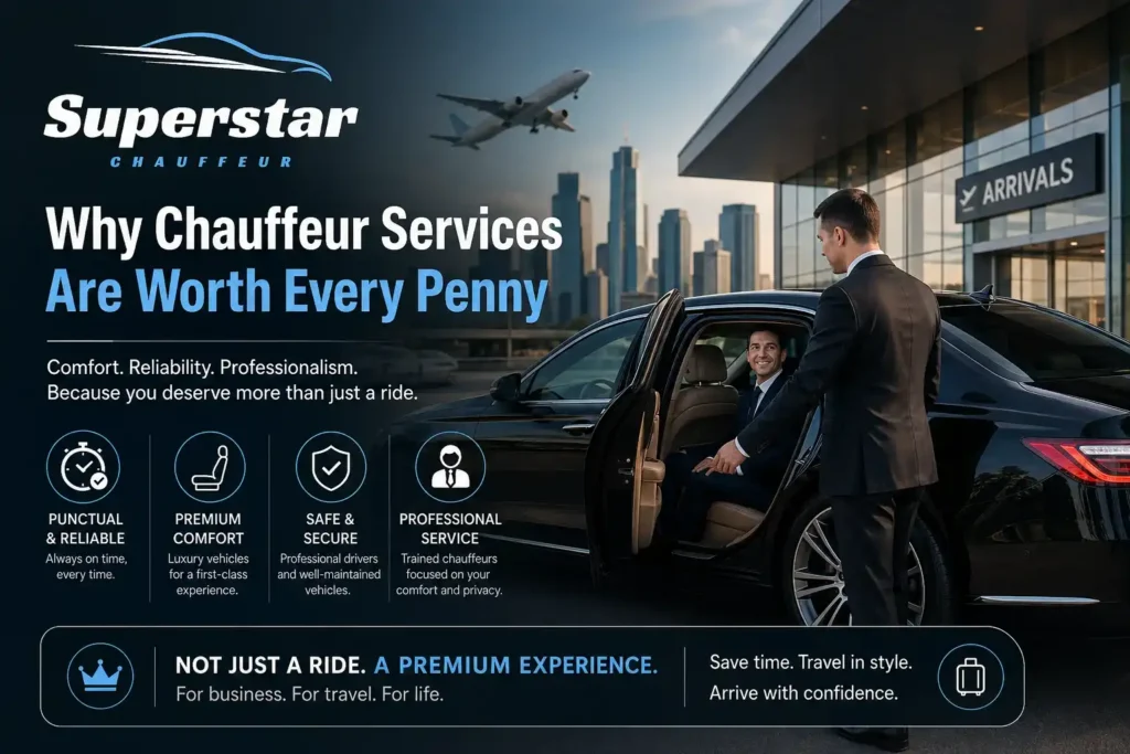 Luxury chauffeur service with professional driver assisting passenger at airport with premium sedan