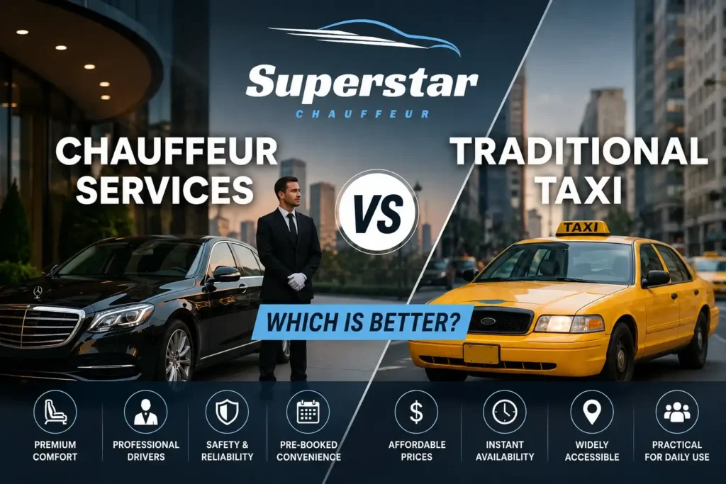 Split-screen comparison image showing a luxury chauffeur car with a professional chauffeur on one side and a yellow traditional taxi on the other, highlighting the differences between chauffeur services and taxi transportation under the Superstar Chauffeur logo.