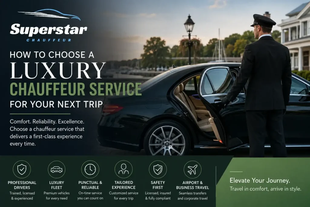 Luxury chauffeur opening the door of a premium black sedan for executive travel with Superstar Chauffeur branding and luxury transportation theme