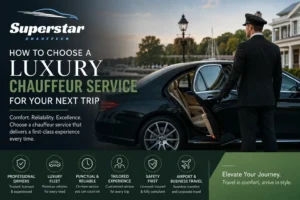 Luxury chauffeur opening the door of a premium black sedan for executive travel with Superstar Chauffeur branding and luxury transportation theme