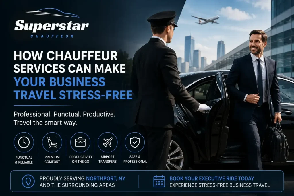 Professional chauffeur opening luxury car door for business executive during airport transfer with Superstar Chauffeur branding and corporate travel messaging.