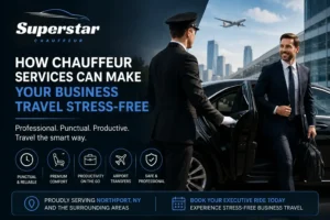 Professional chauffeur opening luxury car door for business executive during airport transfer with Superstar Chauffeur branding and corporate travel messaging.