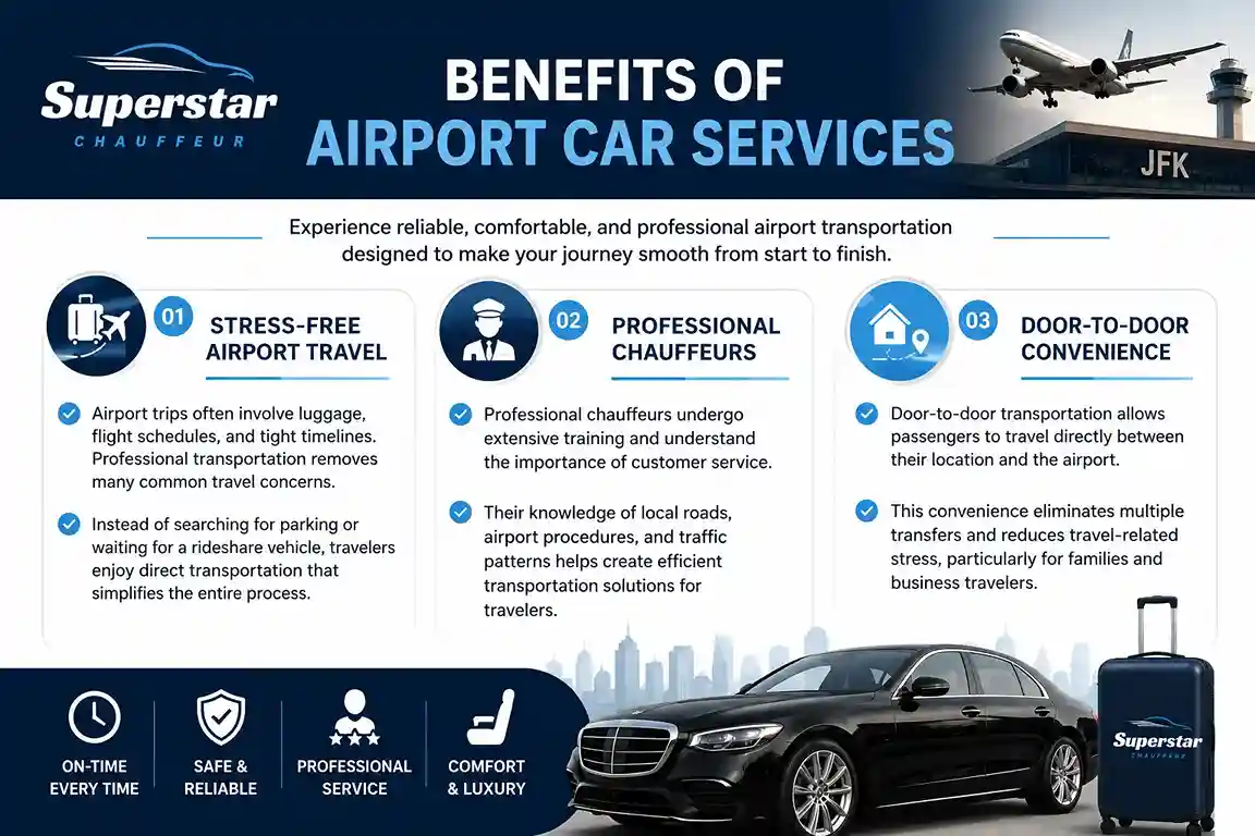 Benefits of Airport Car Services Infographic showing the benefits of airport car services, including stress-free airport travel, professional chauffeurs, and door-to-door convenience by Superstar Chauffeur.