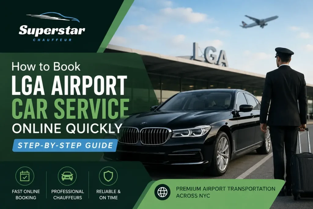 Professional chauffeur standing beside a luxury black sedan outside LaGuardia Airport terminal with Superstar Chauffeur logo, representing LGA airport car service and airport transportation in NYC.