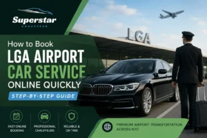 Professional chauffeur standing beside a luxury black sedan outside LaGuardia Airport terminal with Superstar Chauffeur logo, representing LGA airport car service and airport transportation in NYC.