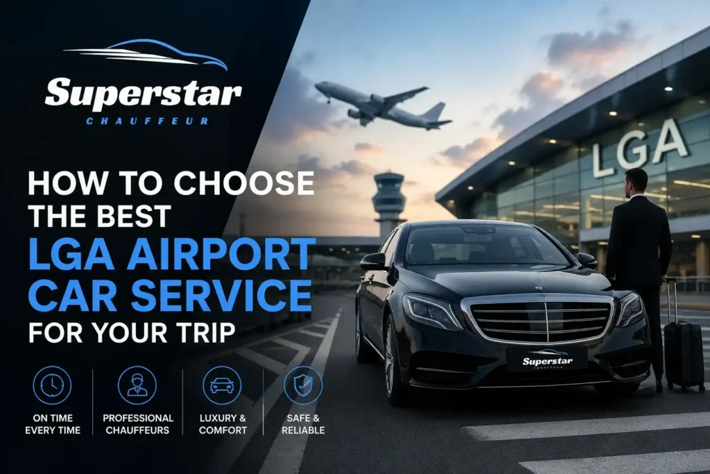Luxury LGA airport car service vehicle with Superstar Chauffeur logo providing reliable airport transportation in New York City.