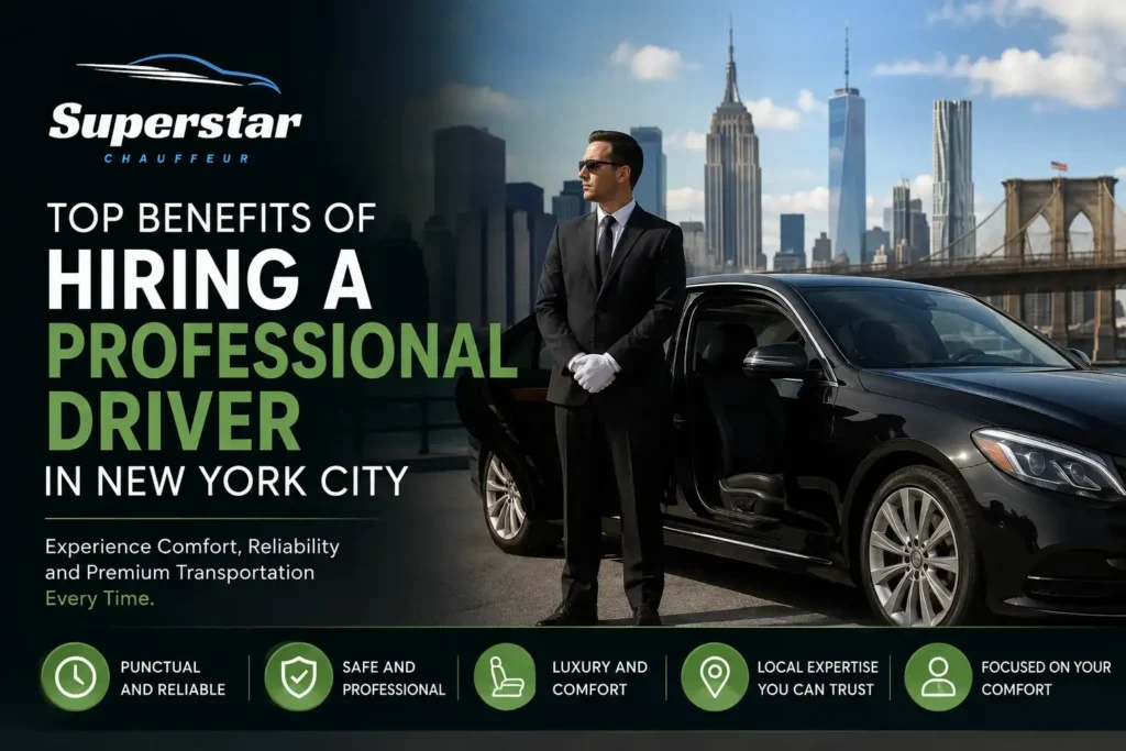 Professional chauffeur standing beside a luxury black sedan in New York City with the Superstar Chauffeur logo, representing premium chauffeur and airport transportation services.