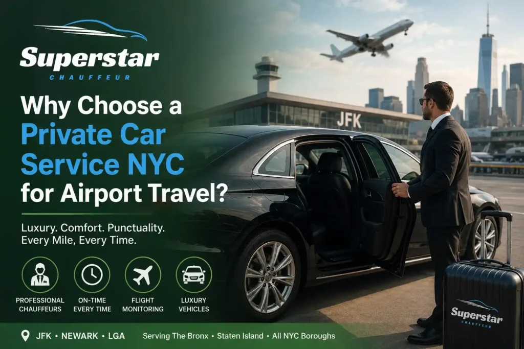 Professional chauffeur standing beside a luxury black sedan at JFK Airport, representing private car service NYC for airport travel by Superstar Chauffeur.