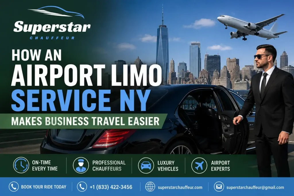 Superstar Chauffeur luxury airport limo service NY featured image showing a professional chauffeur, luxury black sedan, airplane, and New York skyline for business airport transportation.
