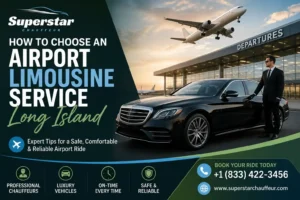 How to Choose an Airport Limousine Service Long Island featured image with Superstar Chauffeur logo, luxury black sedan, professional chauffeur, airport terminal, and airplane.
