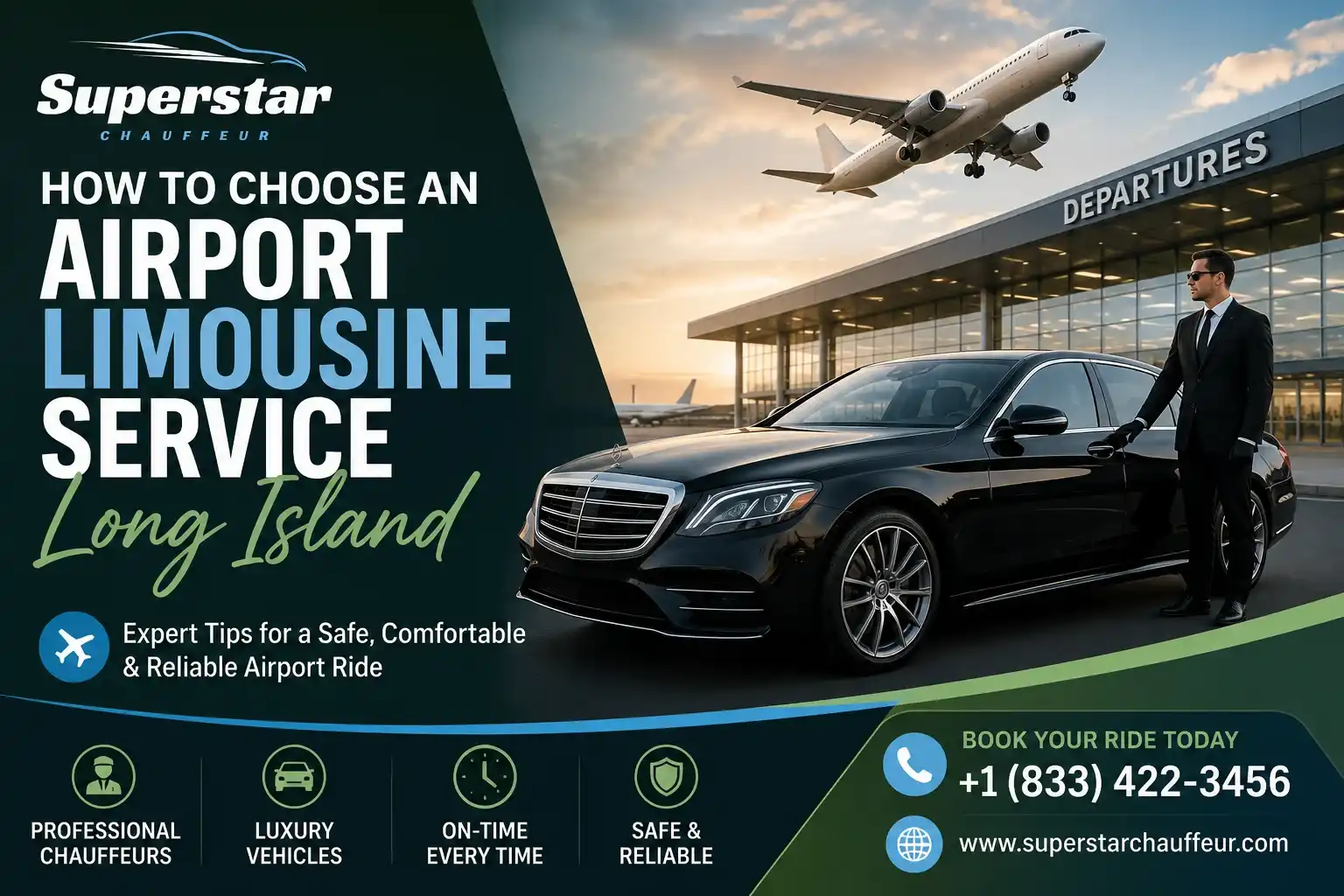 How to Choose an Airport Limousine Service Long Island featured image with Superstar Chauffeur logo, luxury black sedan, professional chauffeur, airport terminal, and airplane.