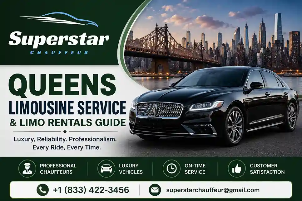 Queens limousine service and limo rentals guide featuring a luxury chauffeur-driven car in New York City